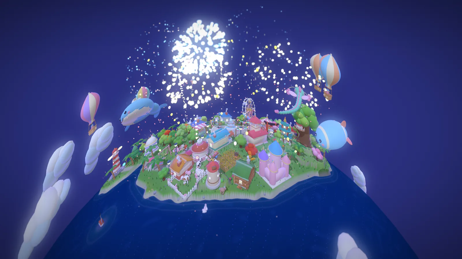 A small round world at night with a town on top, fireworks, hot-air balloons and a flying whale